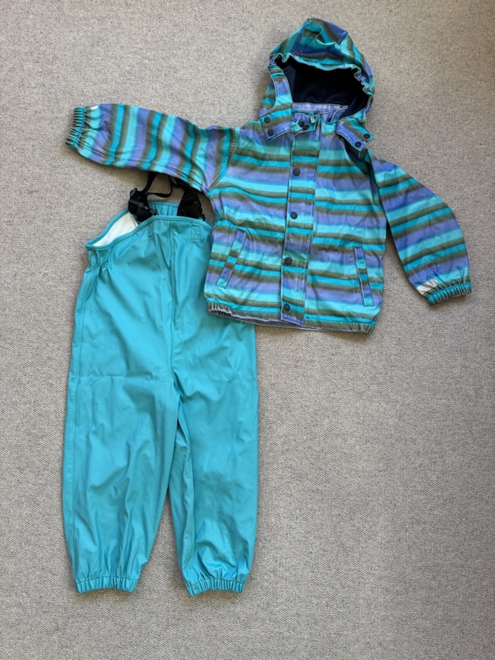 Kids Waterproof Teal & Multi-Stripe Winter Jacket and Bib Pants